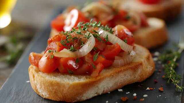 A classic Italian bruschetta tomato and onion on toasted bread