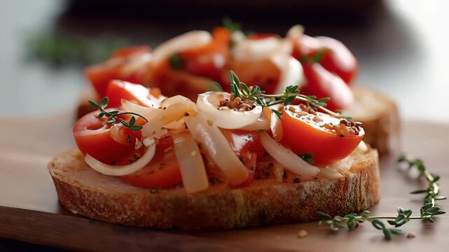 A classic Italian bruschetta tomato and onion on toasted bread