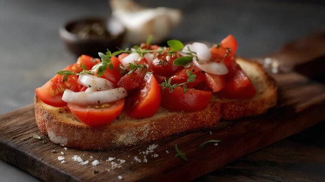 A classic Italian bruschetta tomato and onion on toasted bread