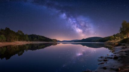 Serene lake under starry night sky with milky way