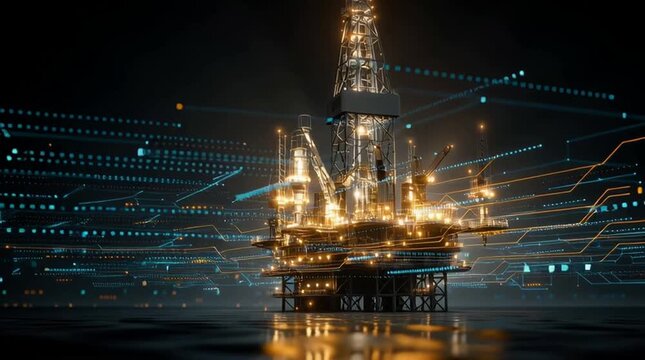 
A detailed representation of an advanced oil rig is shown, illuminated by lights and enveloped in digital data patterns, emphasizing innovation in offshore energy production

