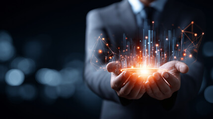 Faceless man in suit holding futuristic device with glowing indicators, advanced technology and data visualization suggestion, business tech scene, with copy space