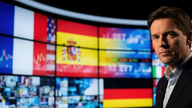A businessman in a suit stands in front of a large screen displaying various international flags and financial data. - Powered by Adobe