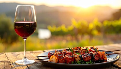 Tapas Skewers with Wine. Barbeque Skewers Close Up