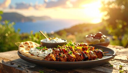 Greek Souvlaki Skewers with Tzatziki. Barbeque Skewers Close Up