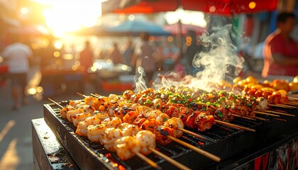 Mediterranean Street Skewers. Barbeque Skewers Close Up
