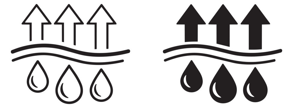 Outline and solid icon set featuring water drops and arrows representing breathability for textile and fabric properties