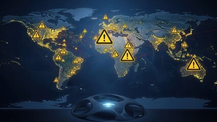 A futuristic computer mouse sits in front of a world map with warning signs indicating global cyber threats at night