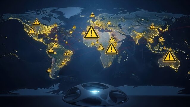 A futuristic computer mouse sits in front of a world map with warning signs indicating global cyber threats at night - Powered by Adobe