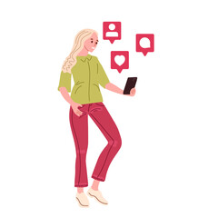 Blond woman holding smartphone. Red signs with heart, messages, avatars. Young girl looking at phone. Pastime in social networks. Internet addiction. Flat vector illustration isolated on white