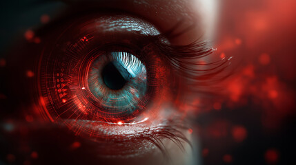 Eye-scanning technology concept featuring futuristic eye with digital patterns and red hues, technology and perception symbolism, biometric visualization, with copy space