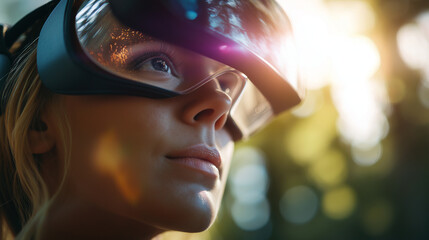 Faceless person wearing futuristic VR glasses with sunlight reflecting off lenses, technology and innovation in immersive experiences showcase, with copy space