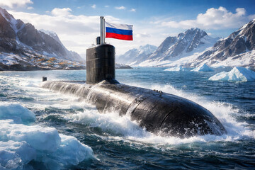 A submarine flying a Russian flag surfaces off the coast of Greenland against a backdrop of glaciers.