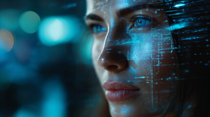 Close-up of faceless woman's face illuminated by digital data, futuristic and tech-inspired aesthetic showcase, holographic overlay visualization, with copy space