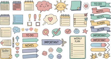 Cute Pastel Planner Stickers Vector Collection Featuring To-Do Lists, Notes, Weekly and Daily Planner Pages, Hand Drawn Doodles, Check Marks, Labels, Icons, Hearts, Flowers, Notebooks, Reminder Sticke