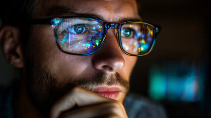 Faceless focused young man with glasses gazing intently, colorful reflections illuminating face, curiosity and engagement with technology evocation, with copy space