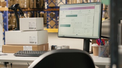 Spacious organized warehouse with empty shelves and open supply room, optimized for retail brand inventory management and express delivery. Logistics center ideal for cargo distribution.