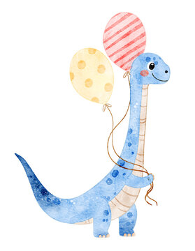 Watercolor Cute Brontosaurus with Balloons for Birthday Party. Illustration for nursery, and invitation card.
