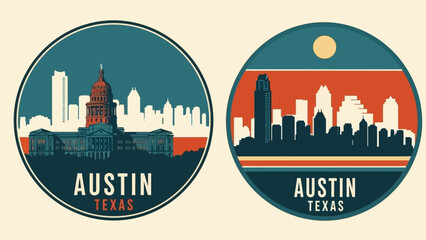 Vibrant cityscape illustration of Austin Texas skyline with graphic design elements