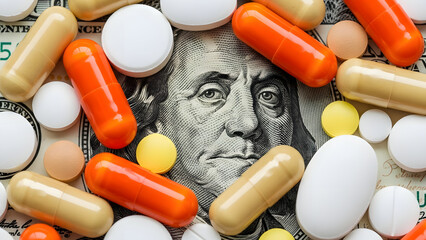 Capitalism and healthcare policy concept. Colorful medical pills cover Benjamin Franklin's face on one hundred american dollar bill. Macro top down view.