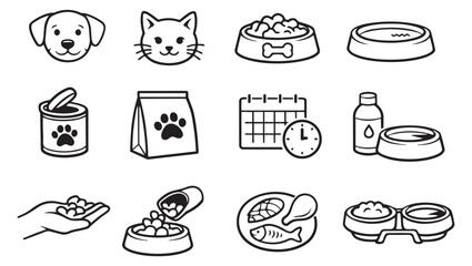 Hand drawn line art pet care icon set featuring dog and cat heads, food bowls, and feeding supplies for pet lovers and businesses