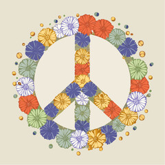 Colorful Floral Peace Sign Emblem with Small Blooming Flowers and Petals on a Pale Beige Background