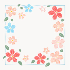 Delicate Floral Border With Light Blue and Coral Pink Blossoms And Green Leaves On A White Background