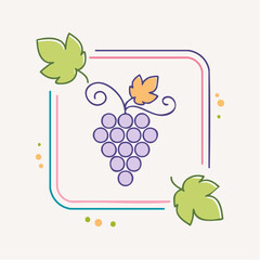 Stylized Bunch of Purple Grapes With Green Leaves and Decorative Border on a Light Background