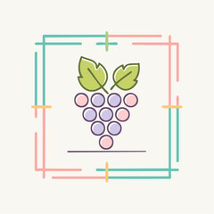 Minimalist Icon of a Cluster of Purple and Pink Grapes with Green Leaves on a Light Beige Background