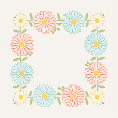 Floral Square Border Design With White Yellow Red And Blue Daisies On Light Cream Background And Green Leaves