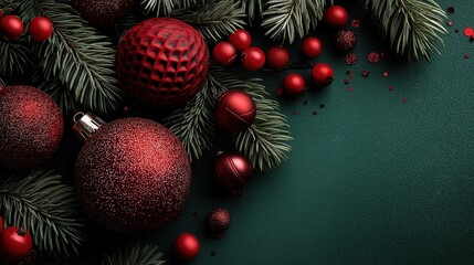 Red Baubles and Pine Branches on Dark Green Christmas Background
