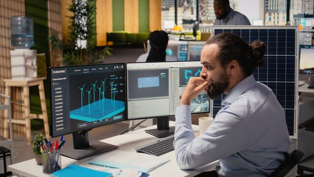 Sustainability RD expert develops integrated clean energy solutions, designing efficient solar panel production lines, simulating wind turbine farms to optimize renewable power generation, camera A