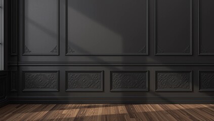 Modern classic black matte, baroque, blank wall, molding, empty interior with wall panels and wooden floor. 3d render illustration mock up