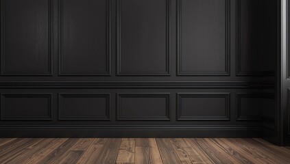 Modern classic black matte, baroque, blank wall, molding, empty interior with wall panels and wooden floor. 3d render illustration mock up