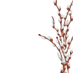 Hand-drawn watercolor Easter illustration featuring decorative frames made of pussy willow branches. Soft watercolor textures  © Oksana