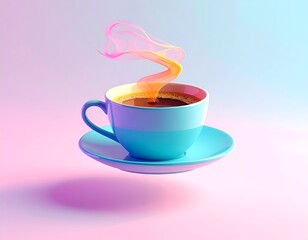 A teal coffee cup with smoke, floating above a saucer, on a gradient
