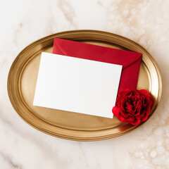 Stylish invitation card mockup with red envelope and blank card on an elegant golden tray