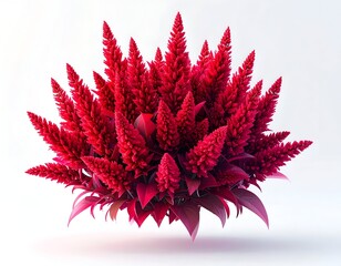 Vivid red Celosia flower with spiky plumes and lush, dark leaves
