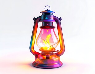 Vibrant, colorful, antique lantern with glowing fire, on white
