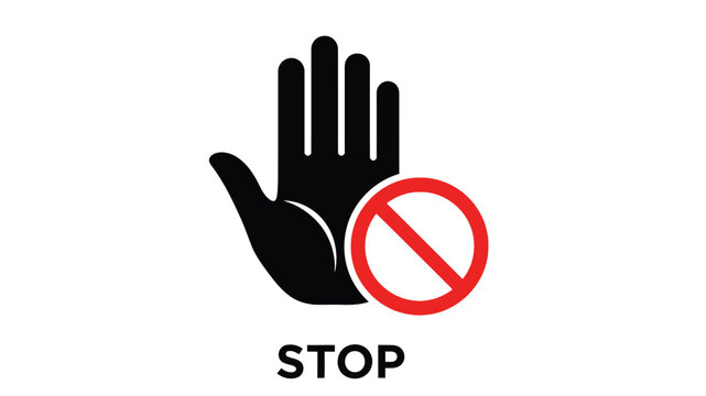 A black hand silhouette with a red stop sign and the word stop displayed