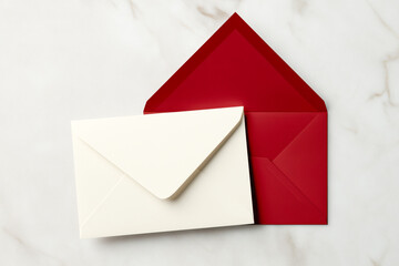 Red and white envelopes on marble background