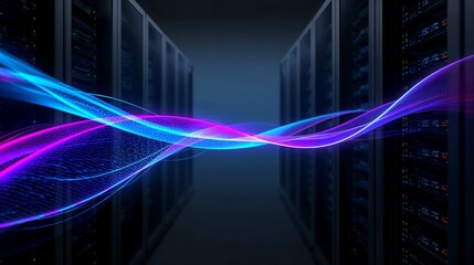 Image of data center server racks with glowing data streams 