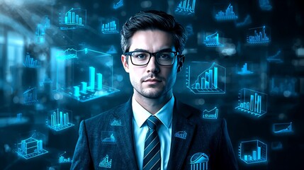 A confident businessman surrounded by digital data visualizations, demonstrating a focus on analysis and technology.