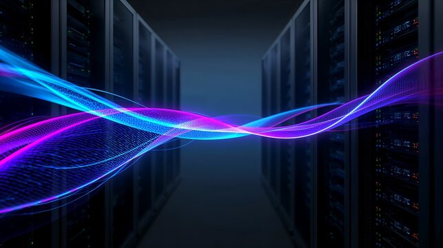 Image of data center server racks with glowing data streams  - Powered by Adobe