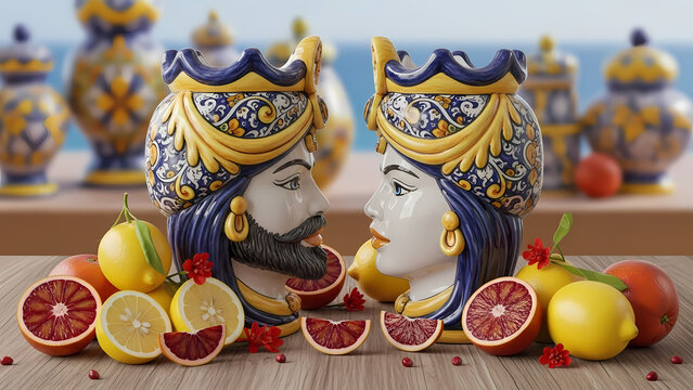 Traditional Sicilian Moorish Head Ceramic Vases with Fresh Citrus Fruit