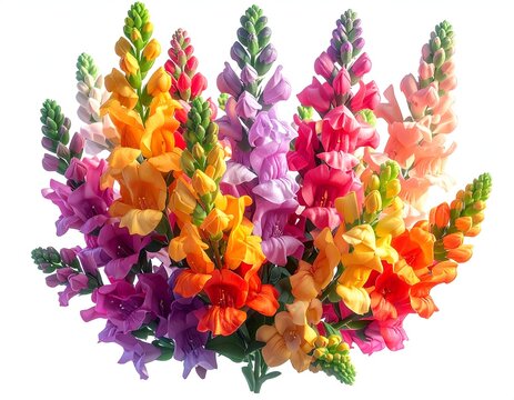 A vivid bouquet of colorful snapdragons with a white background