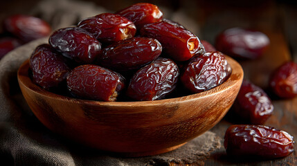 A stunning image of copy space, Delicious medjool dates in a bowl on a wooden table, closeup view. Cloth napkin with date fruits. Traditional Arabic healthy food for breaking the.