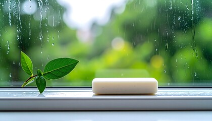 a close-up view of a green plant on a window sill with raindrops on the glass
