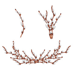 Hand-painted watercolor Easter illustration featuring delicate set of willow catkins pussy willow branches. Soft pastel tones and organic brushstrokes  © Oksana