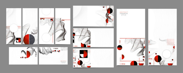 Scattered Layouts Grid Play Retro Aesthetics Posters set. Design Japanese style templates set invitations to lines abstract backgrounds
